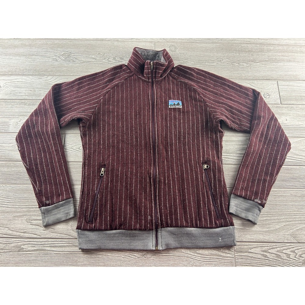 Patagonia Womens Wool Blend Quilt Again Stripe Zip Up Jacket Maroon Gray Large